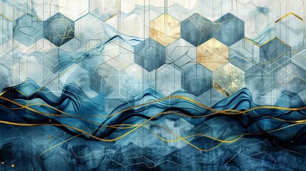 Textured hexagons and diamonds on a wall, enhanced with tidewater stains and abstract blue waves, detailed with gold marble lines.