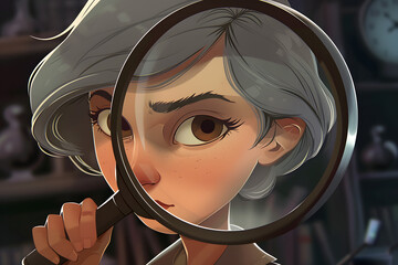 animated character peering through a magnifying glass