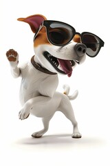 chien qui saute avec des lunettes, sur fond blanc, ia générative