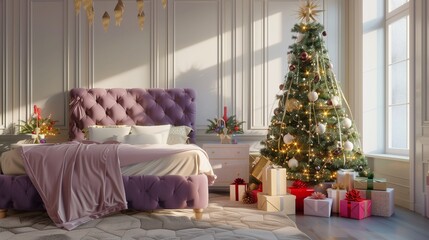 Purple king-sized bed with a luxury Christmas tree in a bright, festive-themed room with gifts.