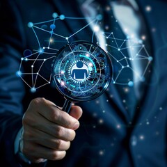 Businessman holding a magnifying glass, symbolizing the exploration of human potential