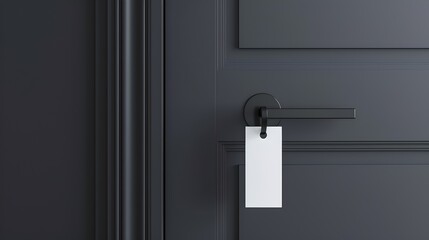 Modern Black Door with a Blank White Tag Hanging on the Handle. Minimalist Design Motif. Perfect for Conceptual Graphics and Privacy Themes. AI