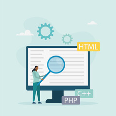 Software development concept. A woman creates applications and programs, tests code, works in the IT industry. Vector illustration.
