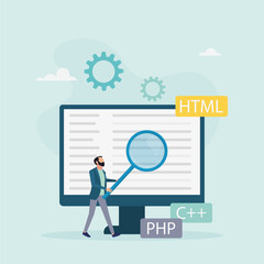 Software development concept. A man creates applications and programs, tests code, works in the IT industry. Vector illustration.
