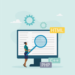 Software development concept. A woman creates applications and programs, tests code, works in the IT industry. Vector illustration.
