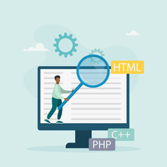 Software development concept. A man creates applications and programs, tests code, works in the IT industry. Vector illustration.
