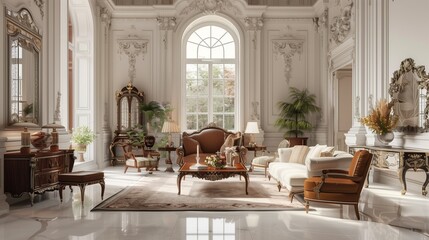 A stately living room adorned with traditional furnishings and ornate wall decor, lit beautifully by a grand window.