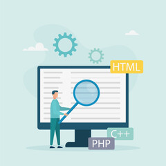 Software development concept. A man creates applications and programs, tests code, works in the IT industry. Vector illustration.
