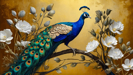 Multicolor 3D oil painting of a peacock sitting on the branch of tree with flowers and butterfly's Acrylic drawing art. A piece of art oil painting