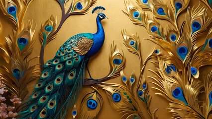 Multicolor 3D oil painting of a peacock sitting on the branch of tree with flowers and butterfly's Acrylic drawing art. A piece of art oil painting