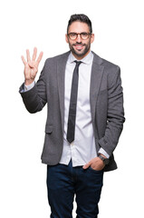 Young handsome business man over isolated background showing and pointing up with fingers number four while smiling confident and happy.