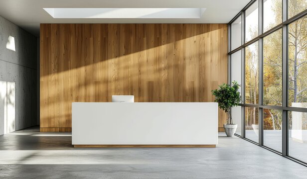 Front view of a white reception desk in an office with a wood paneled wall, minimalist design, and large windows on the right side