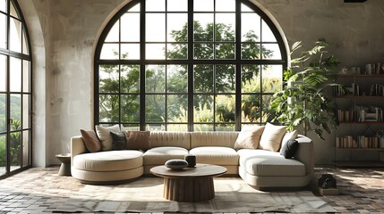 country sitting room featuring a plush half-round sofa and cozy cushions, paired with a sturdy round coffee table made of solid wood