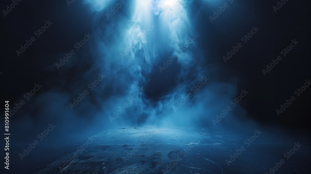 Poster a dark room with a blue light shining on the floor. the room is empty and the light is the only sour