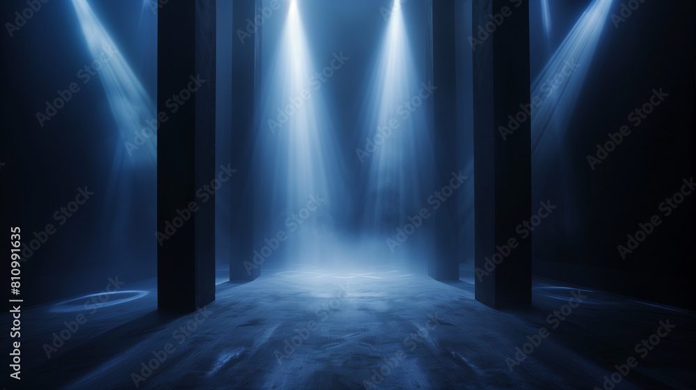 Poster a dark room with a blue light shining on the floor. the room is empty and the light is the only sour