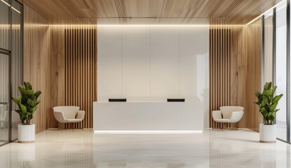 Front view of an empty white wall in the office, wooden panels on one side and glass doors on another,