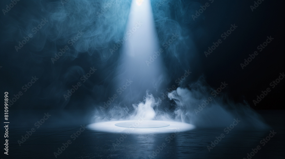 Poster a dark room with a blue light shining on the floor. the room is empty and the light is the only sour