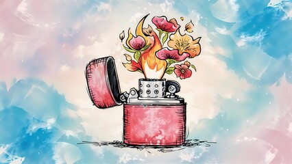 Cinematic illustration of a pink lighter with a floral flame on a pastel watercolor backdrop. - obrazy, fototapety, plakaty