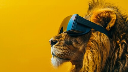 Lion with 3d VR glasses on the isolated background