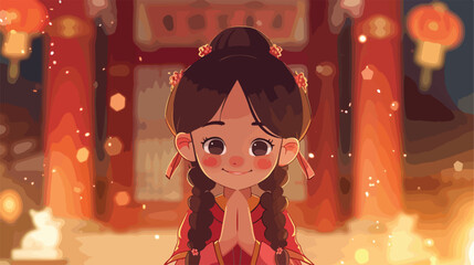 Sweet Pose Little girl in the temple Vector style 