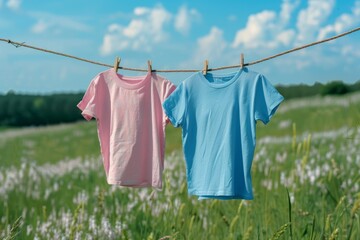 Pink and blue T-shirts hung with clothespins on a string outdoors