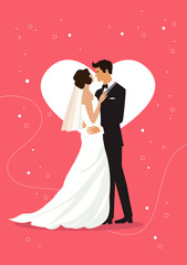 Minimalist wedding invitation featuring a bride and groom, A5, vector