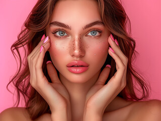 Fototapeta premium A beautiful female model with full makeup and curly hair styles, holding their hands on their faces, pink background, with pink nails, studio photography setting, with high resolution
