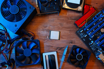 Top view of modern computer parts put together. Building personal gaming and workstation pc...