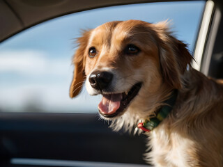 happy dog in the car window with the wind.