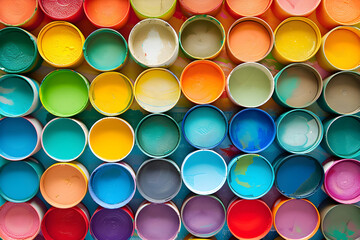 Assorted paint buckets in various colors, colorful background.