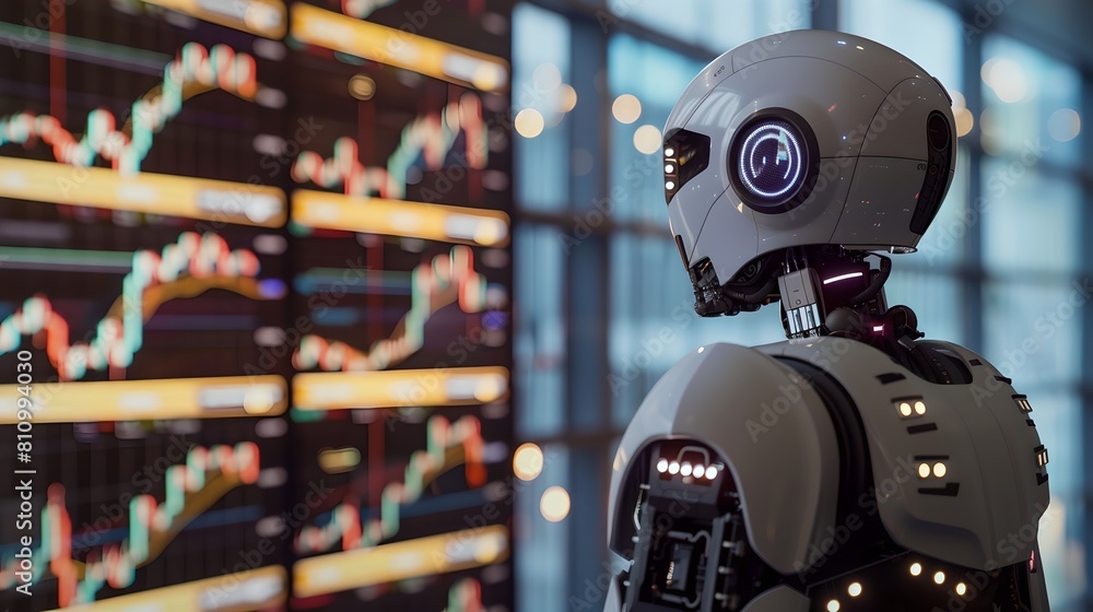 Poster futuristic robot analyzing stock market data on digital screens. ai and finance concept. modern tech