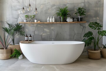 Minimalist bathroom interior with a white bathtub and wooden shelf on the wall mock up, front view