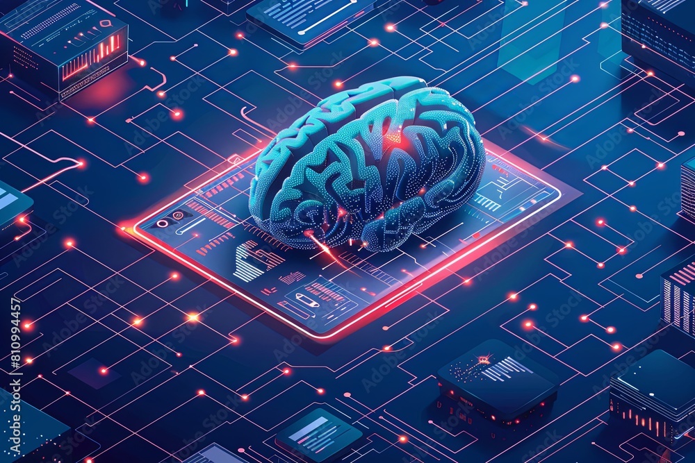 Poster a computer chip with a human brain on top, symbolizing the integration of technology and neuroscienc