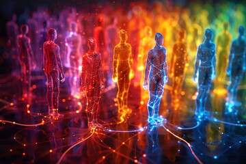 Digital human figures glowing in a spectrum of colors, symbolizing network and connectivity in a futuristic setting. World Blood Donor Day.