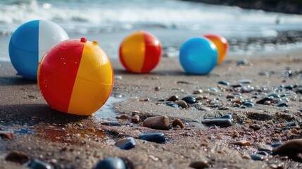 Three colorful beach balls are scattered on the sandy shore, inviting people to enjoy leisure and fun by the water. A perfect scene for a beach event or recreational activity AIG50