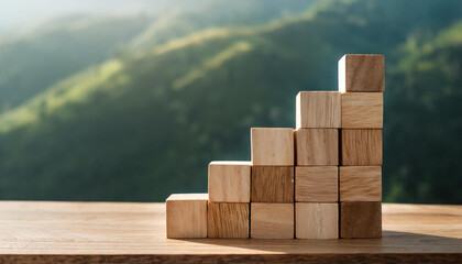 Clean wooden cube blocks stack as business chart steps isolated on wood desk, white background with copy space. Business growth graph process banner, goal, success, and economic improvement concepts.