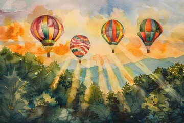Fototapeta premium Watercolor art of hot air balloons drifting over a forested landscape with beams of sunlight filtering through