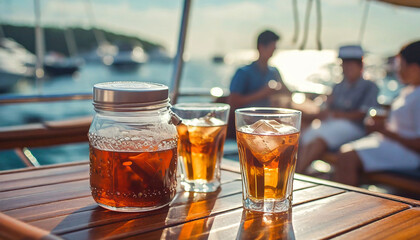 focus on a jar full of tea on a table and couple glasses with ice and tea next to it