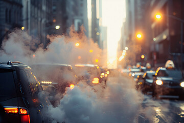 City street full of smoke caused by car exhaust gas