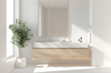 Minimalist wastafel with a wall mirror and floating wooden vanity, with a simple design and light wood color