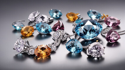 several diamonds and gemstones of various cuts and colors on a reflective gray surface.


