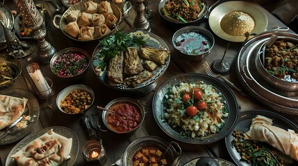 Ramadan iftar table set with delectable dishes, ready for a joyous communal meal.