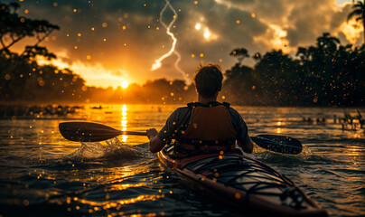 silhouette of a person in a kayaking boat on a stormy evening with rain and lighting