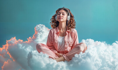 curly young woman wearing headphones sitting in a meditative state on a fluffy cloud, conceptual meditation image	
