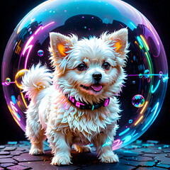 Bubble Art .Cyberpunk white little puppy . Neon glow.