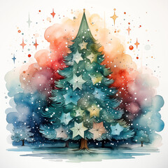  clipart decorated christmas tree with presents in watercolor style on white background illustration