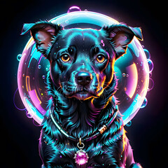 Bubble Art .Cyberpunk black dog. Neon glow.