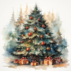  clipart decorated christmas tree with presents in watercolor style on white background illustration