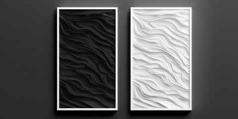 Black And White 3D Wave Design Canvases For Wall Decor. Wavy Texture Mockup Picture in Frames. Generative AI