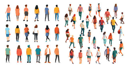 An illustration of the top view of a group of people. There are male and female characters shown from above, walking and standing.